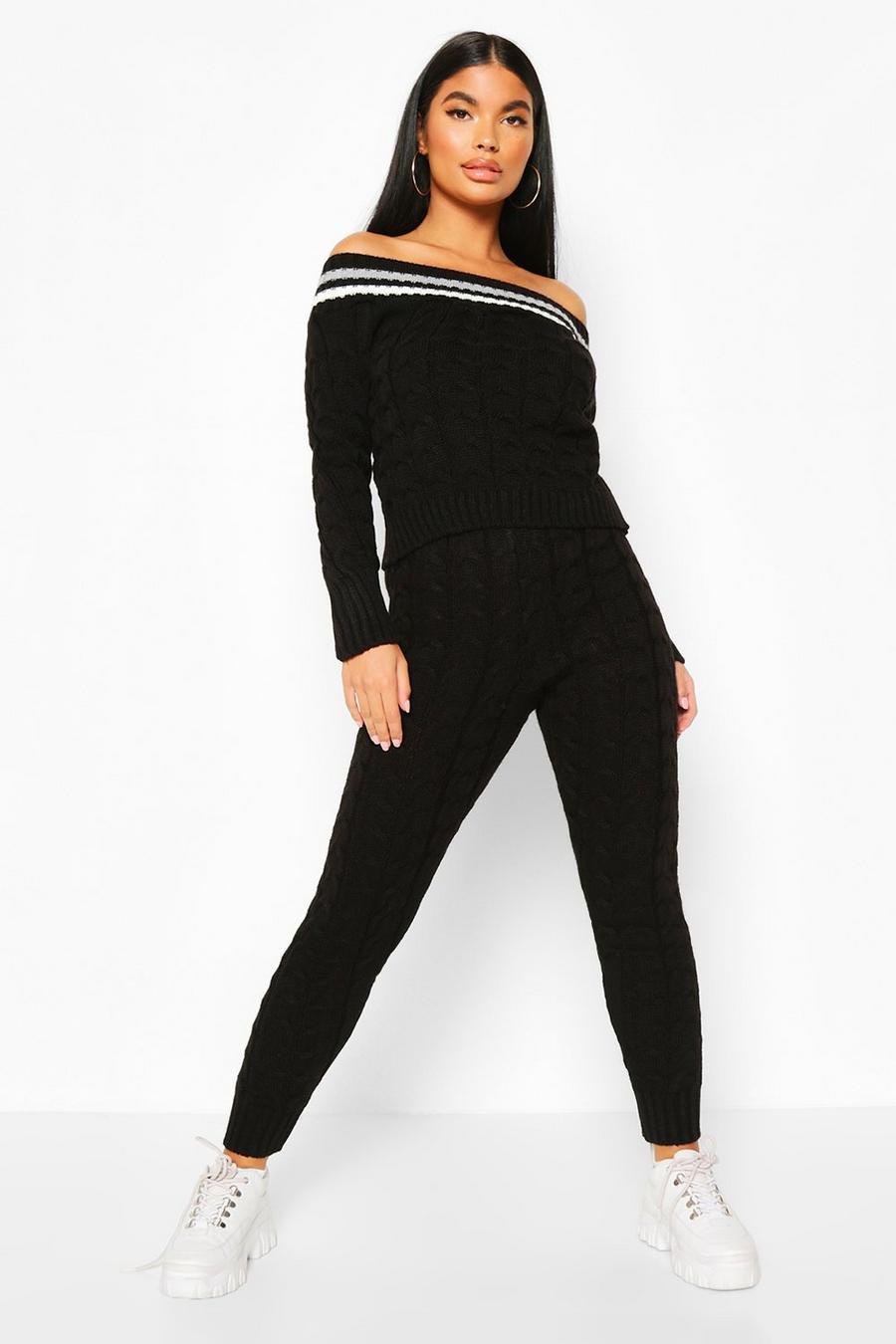 Petite - Kabelstickat set med off shoulder-topp och leggings image number 1