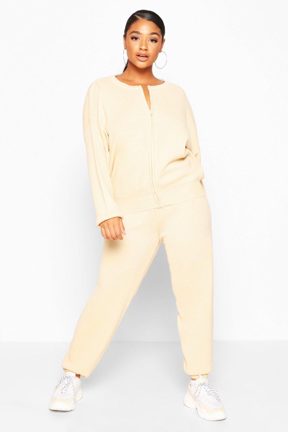 Women s Plus Zip Through Knitted Loungewear Set Boohoo UK