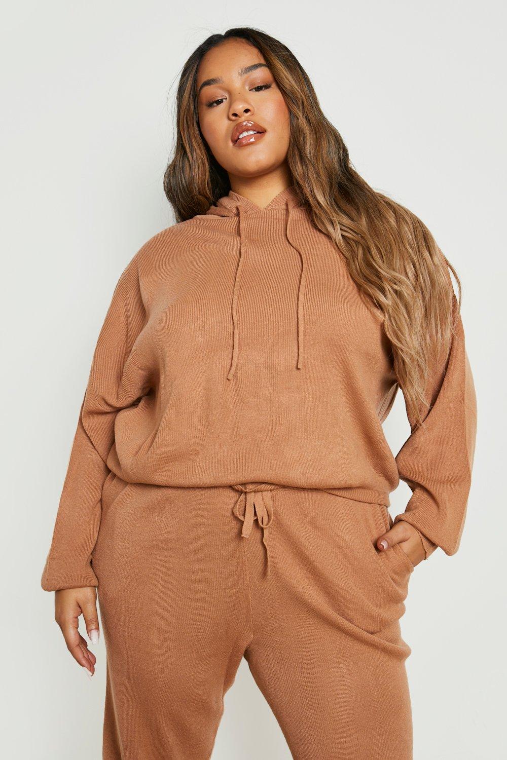 Women s Plus Knitted Hoodie Loungewear Set Boohoo UK