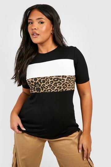 Plus Leopard Contrast Panel T-Shirt black