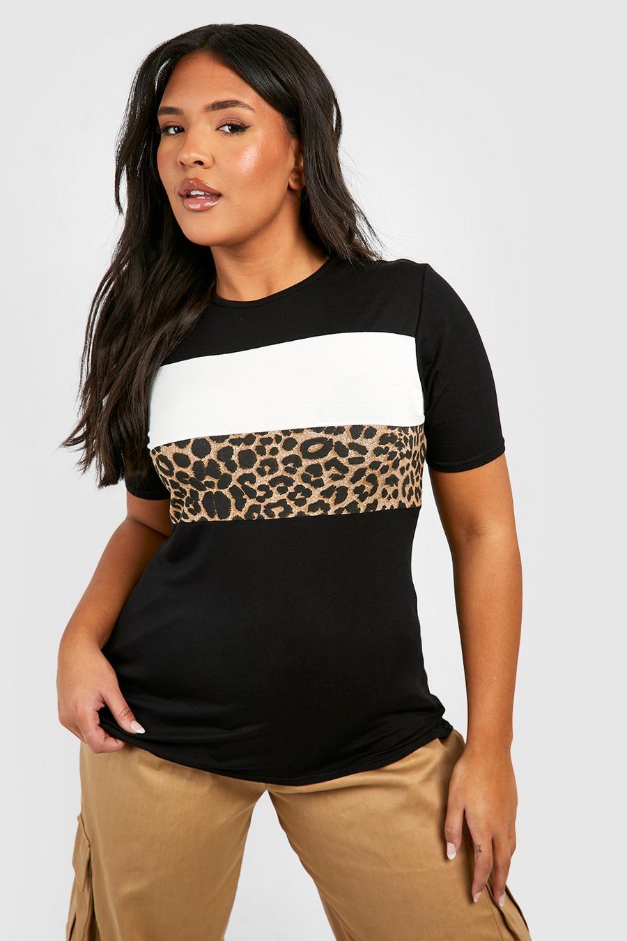 T-shirt Plus Size leopardata con pannelli a contrasto, Nero black