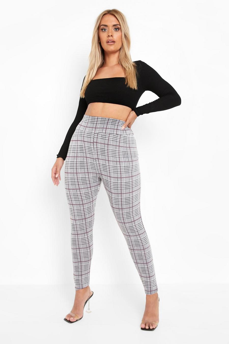 Grey Plus Checked Knitted High Waist Leggings image number 1