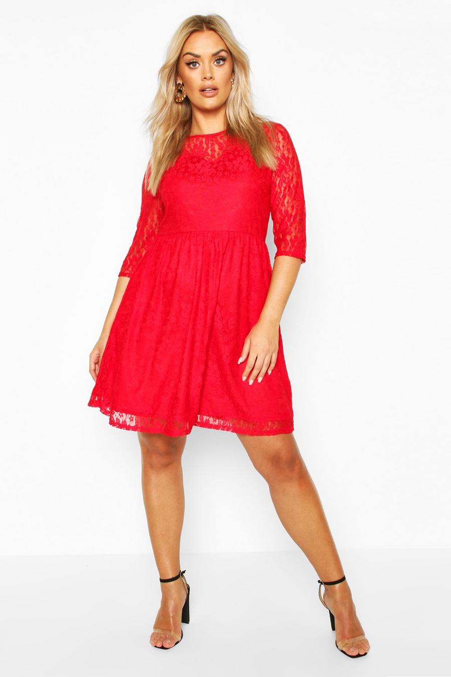 Red Plus Lace Smock Dress image number 1