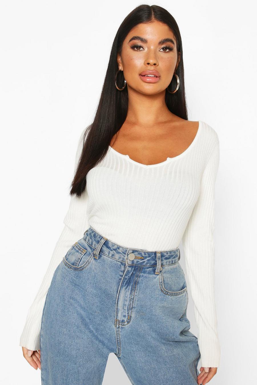 Cream Petite Cropped Notch Neck Fine Knit Rib Top image number 1