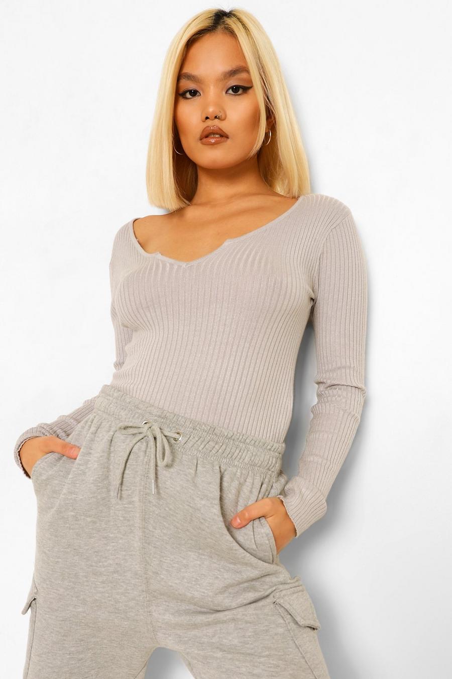 Grey Petite Cropped Notch Neck Fine Knit Rib Top image number 1