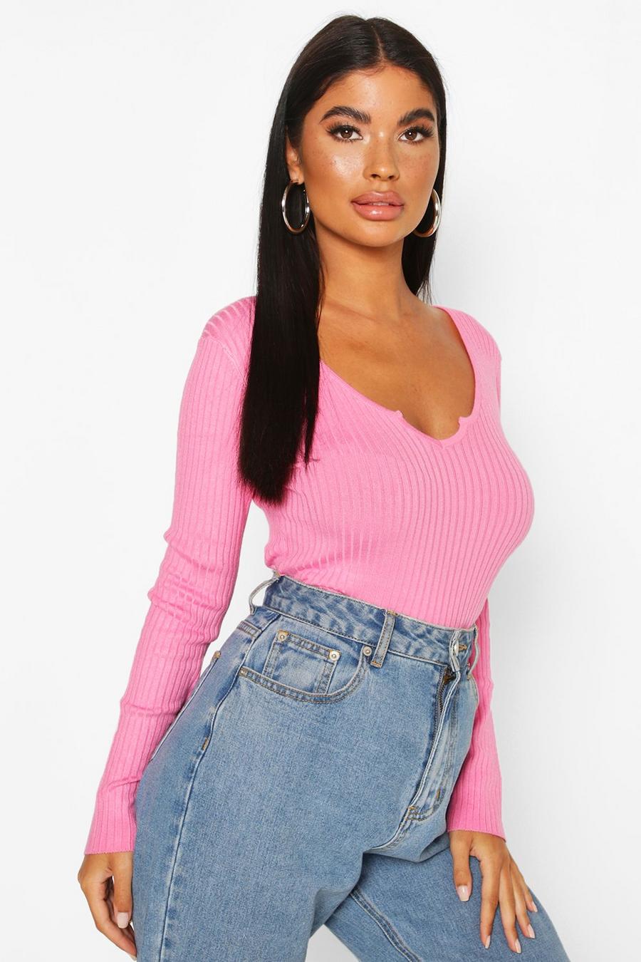 Pink Petite Cropped Notch Neck Fine Knit Rib Top image number 1
