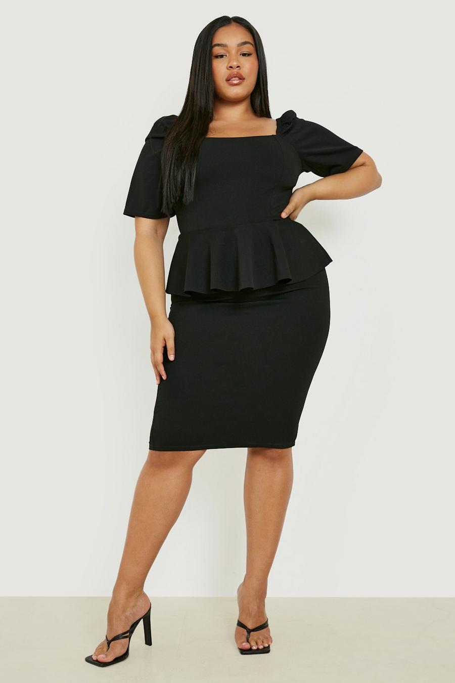 Zwart Plus Peplum Midi Jurk Met Pofmouwen image number 1