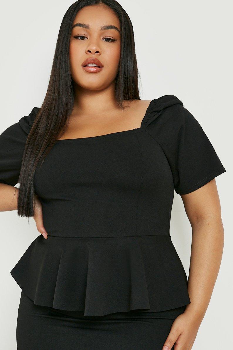 Plus Peplum Puff Sleeve Midi Dress