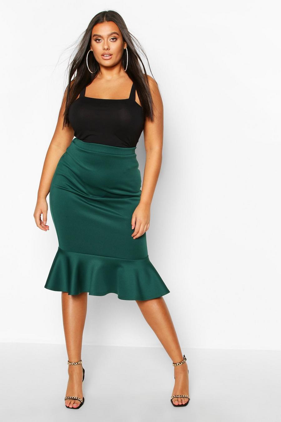 Plus Scuba Peplum Hem Midi Skirt, Emerald grün image number 1