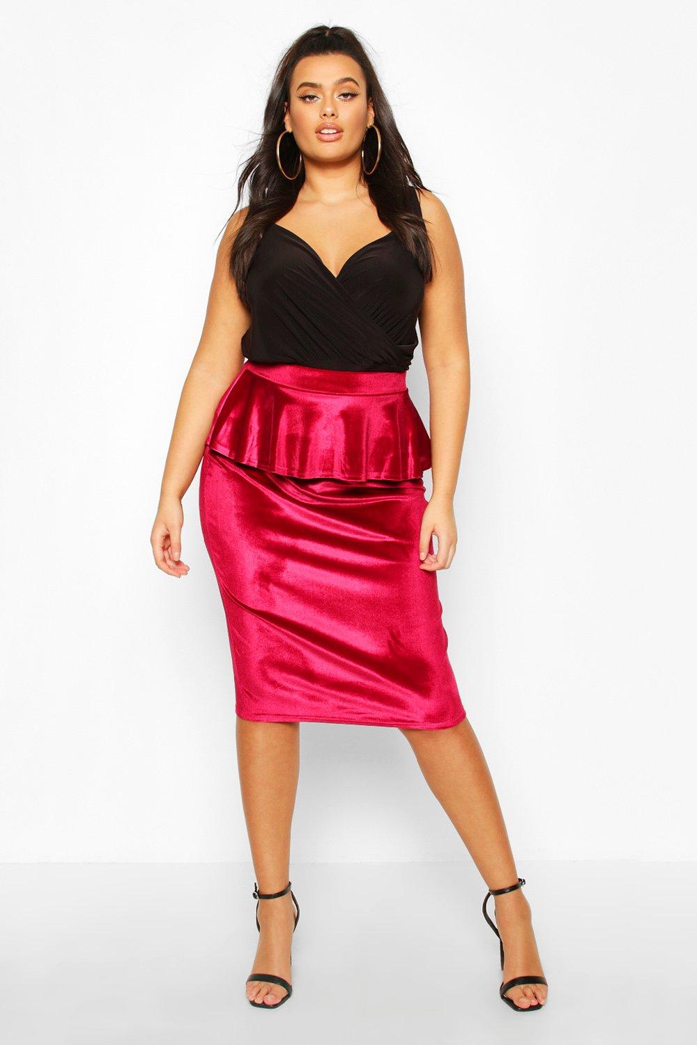 Plus Velvet Peplum Midi Skirt