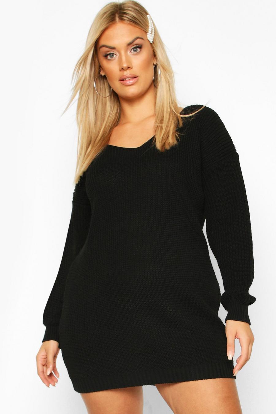 שחור שמלת סוודר מיני עם צווארון וי מידות גדולות image number 1