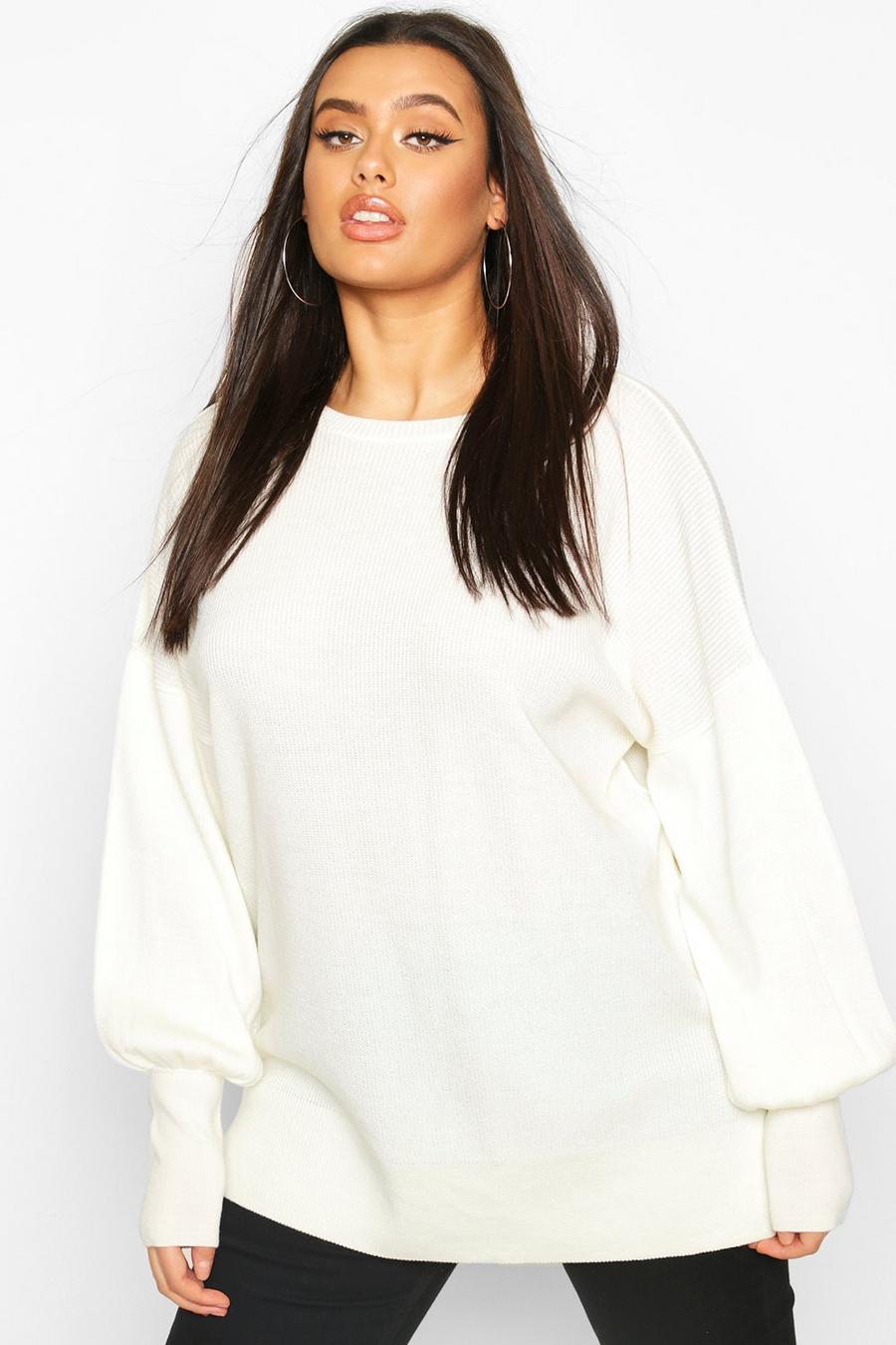 Cream white Plus Oversized Balloon Sleeve Sweater