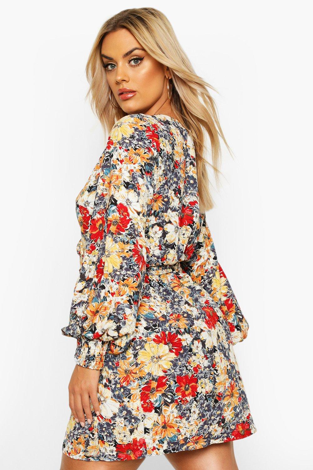 Plus Large Scale Floral Print Belted ...