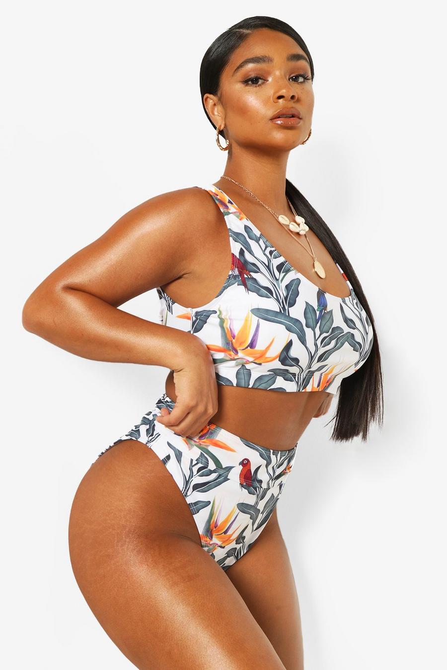 Bikini taille haute imprimé feuille tropicale - Plus image number 1