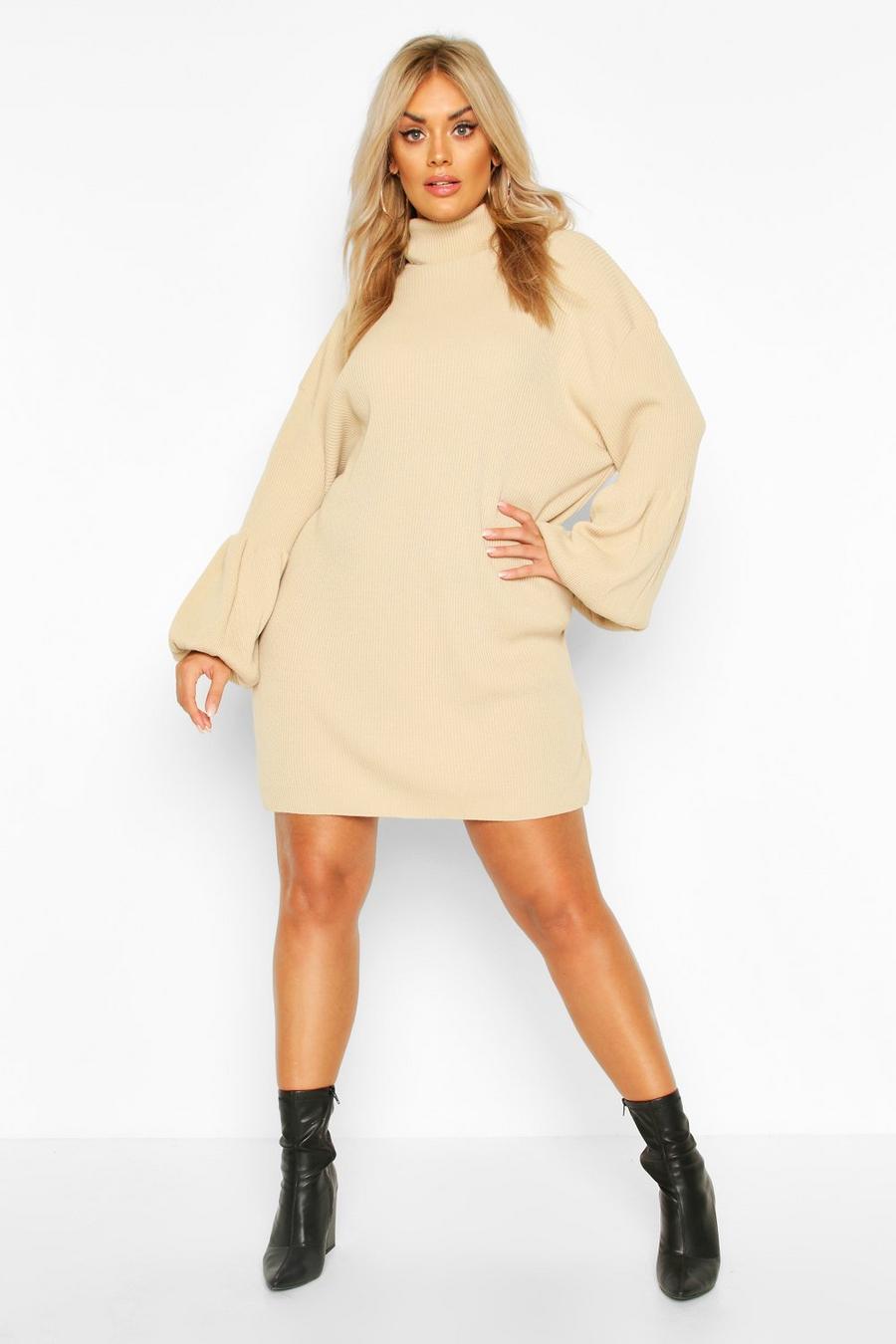 Plus Roll Neck Knitted Rib Balloon Sleeve Jumper Dress image number 1
