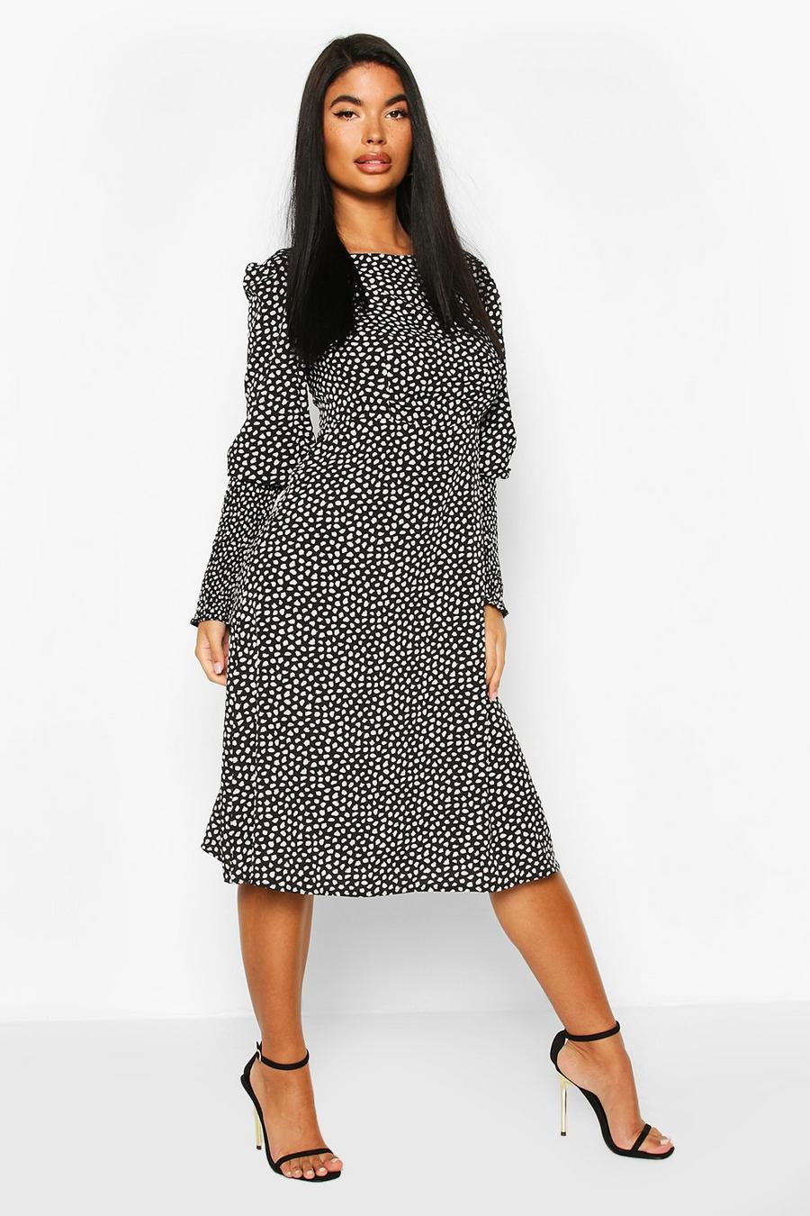 Petite Woven Smudge Print Shirred Sleeve Midi Dress image number 1