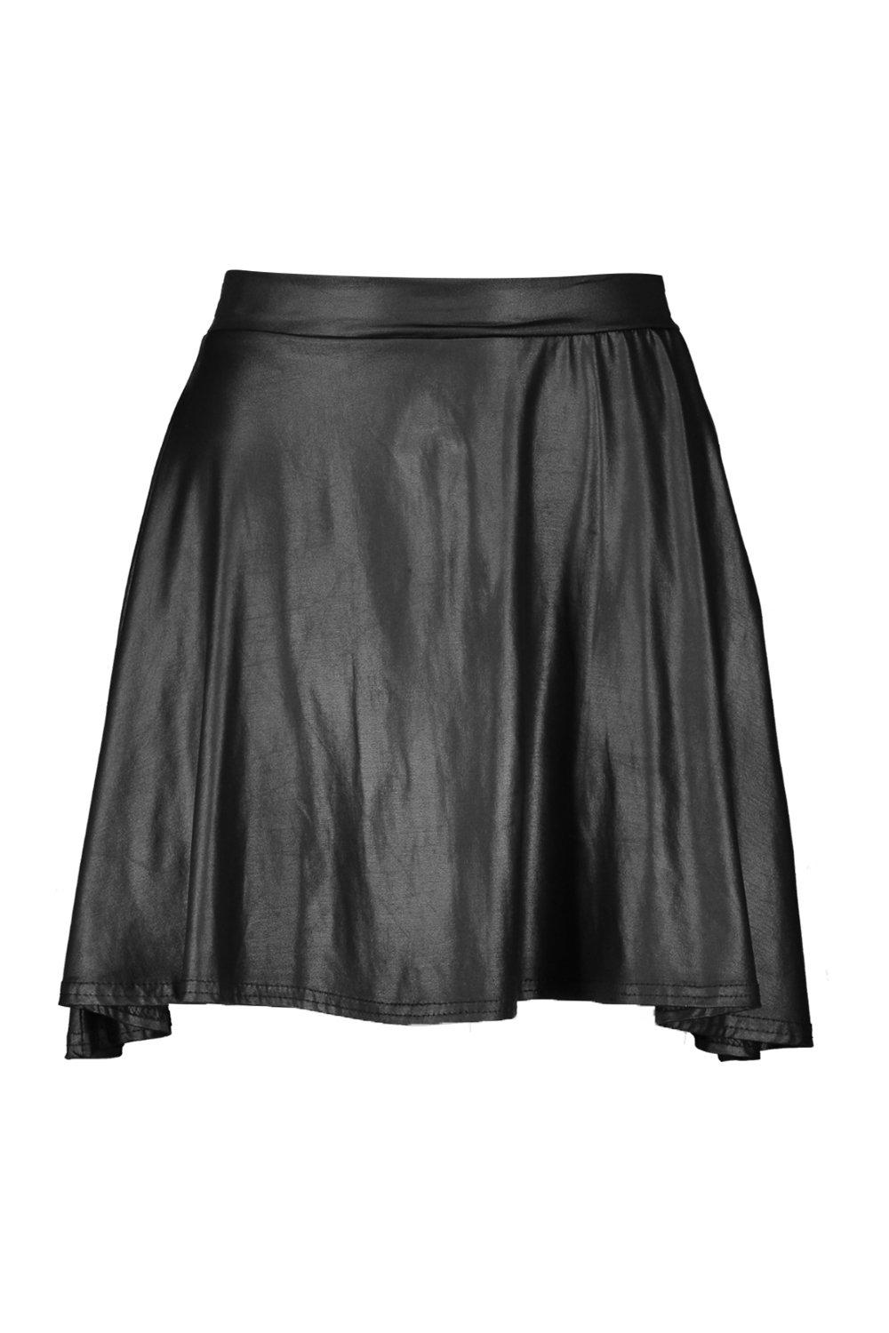 Petite Wet Look Mini Skater Skirt