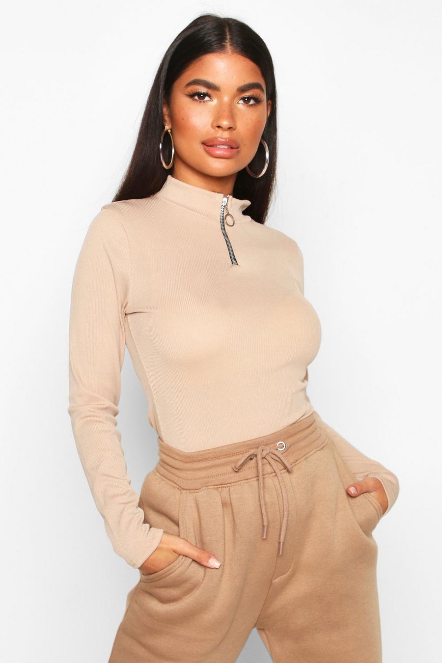 Petite Zip Up Ribbed High Neck Top image number 1