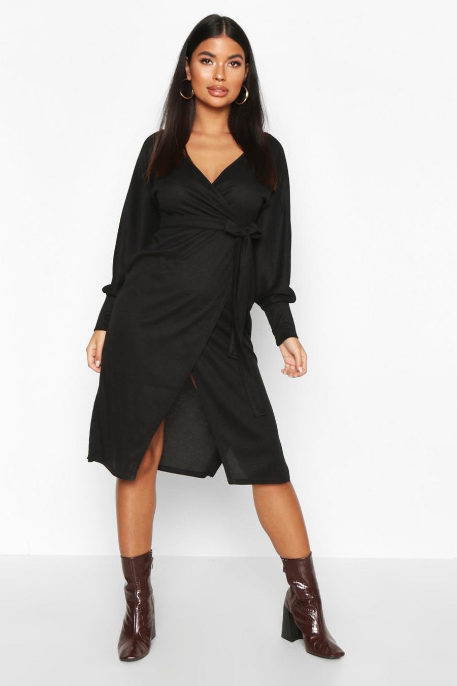 Petite Wrap Detail Knitted Rib Midi Dress, Black image number 1