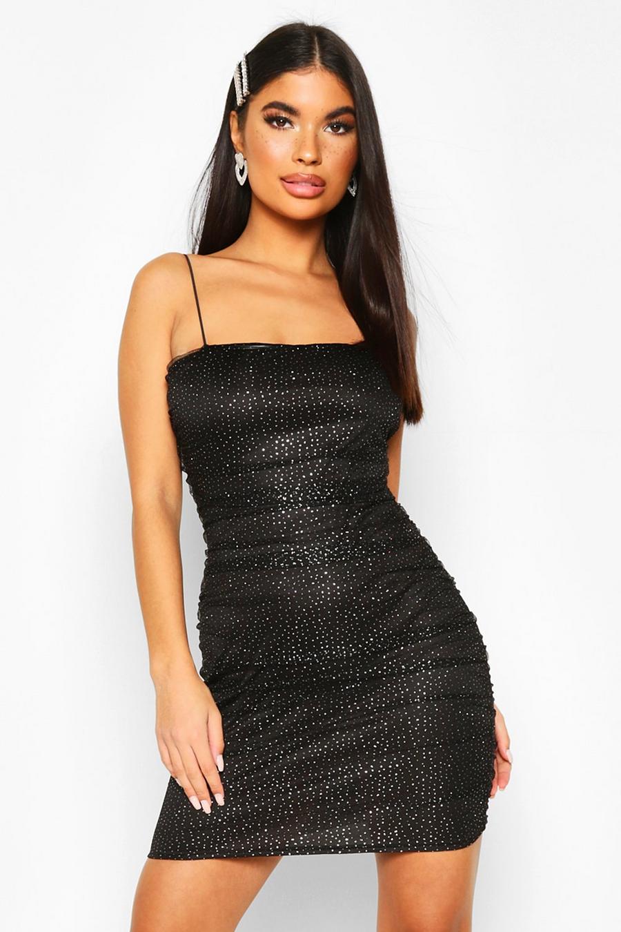 Petite Ruched Glitter Mesh Bodycon Dress image number 1