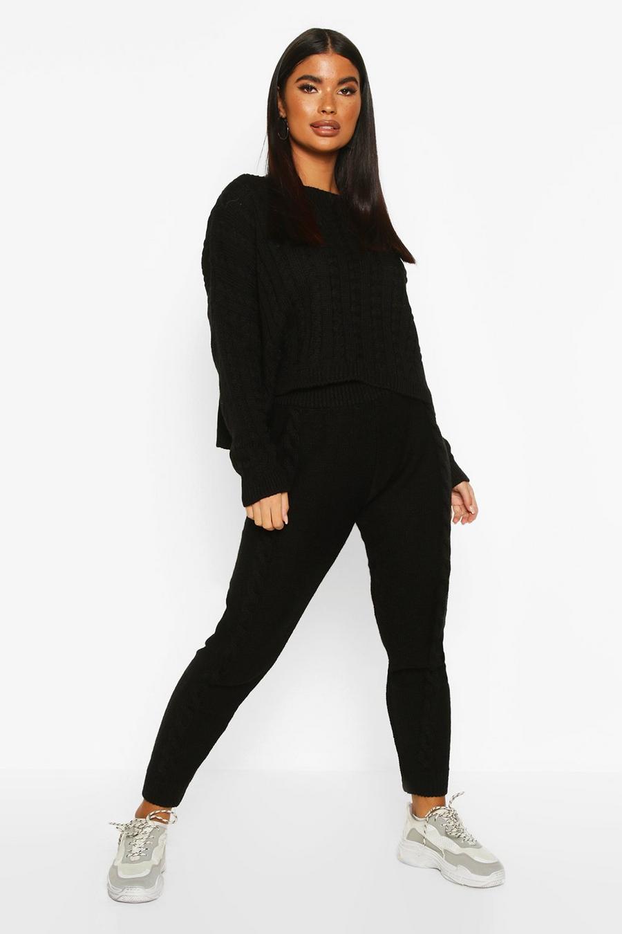 Black Petite Cable Knit Jumper & Track Pant Co-Ord image number 1