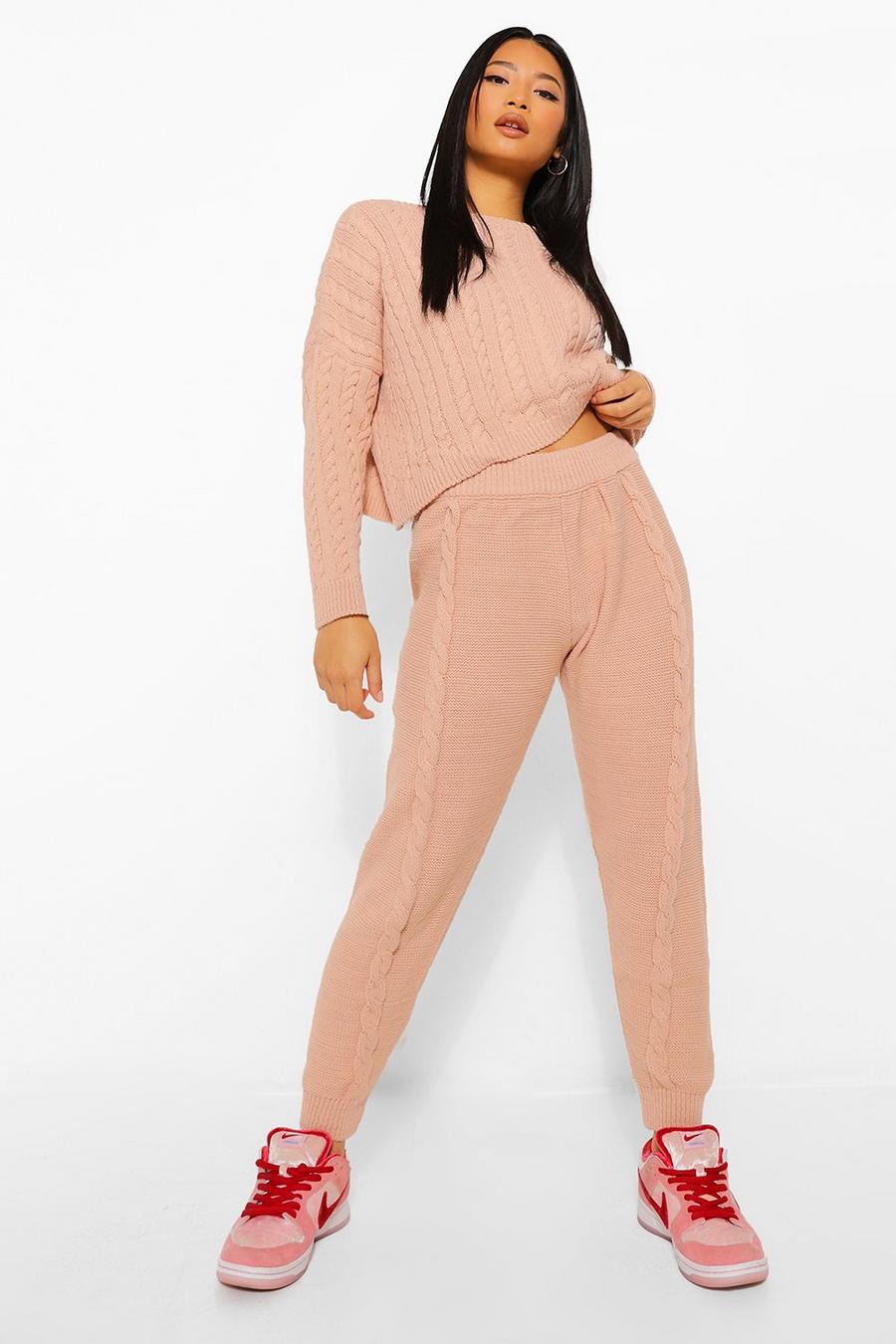 Blush Petite Cable Knit Jumper & Track Pant Co-Ord image number 1