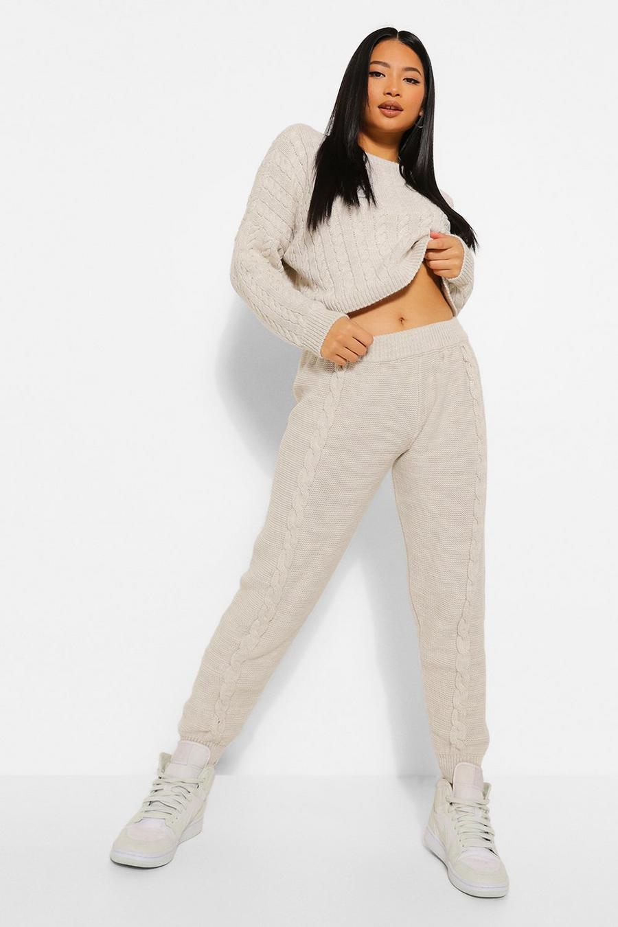 Sand Petite Cable Knit Jumper & Track Pant Co-Ord image number 1