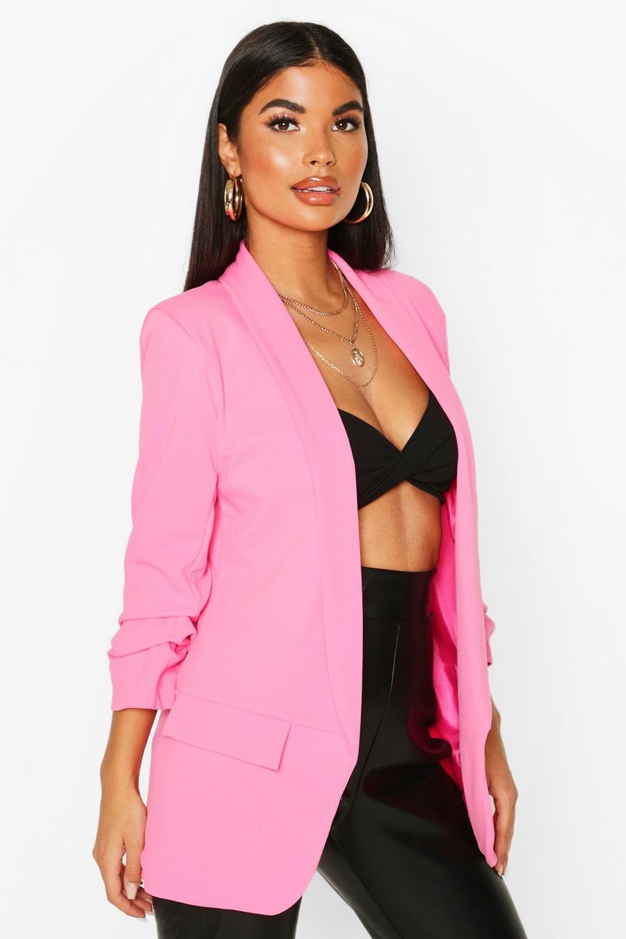 Pink Petite Ruched Sleeve Blazer