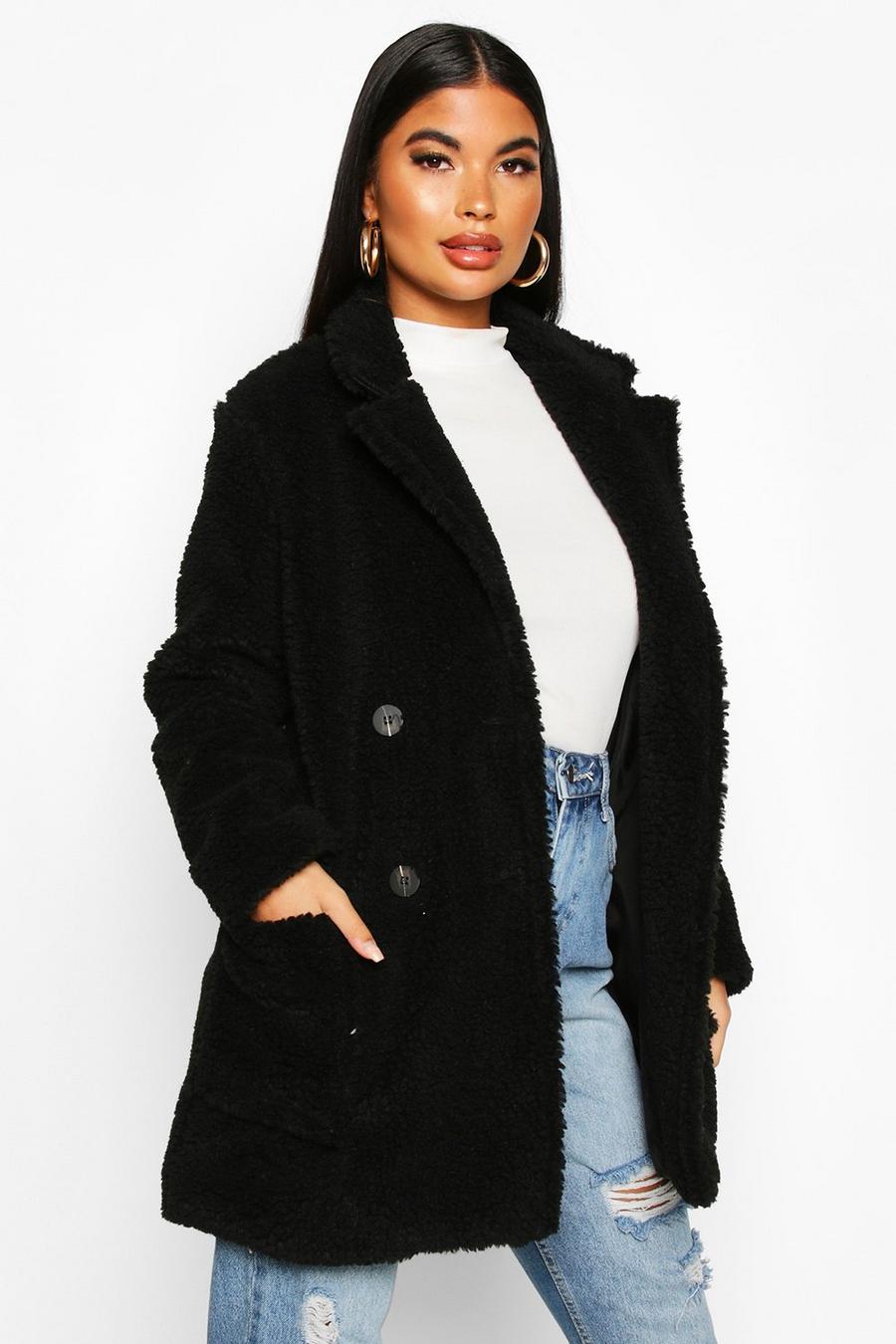 Black Petite Double Breasted Teddy Coat image number 1