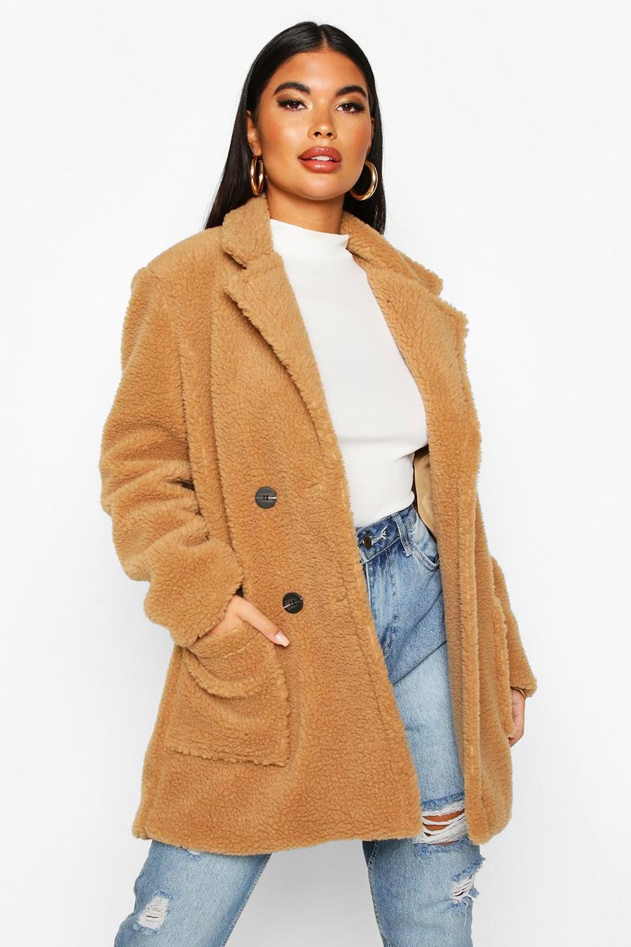 Camel Petite Double Breasted Teddy Coat image number 1