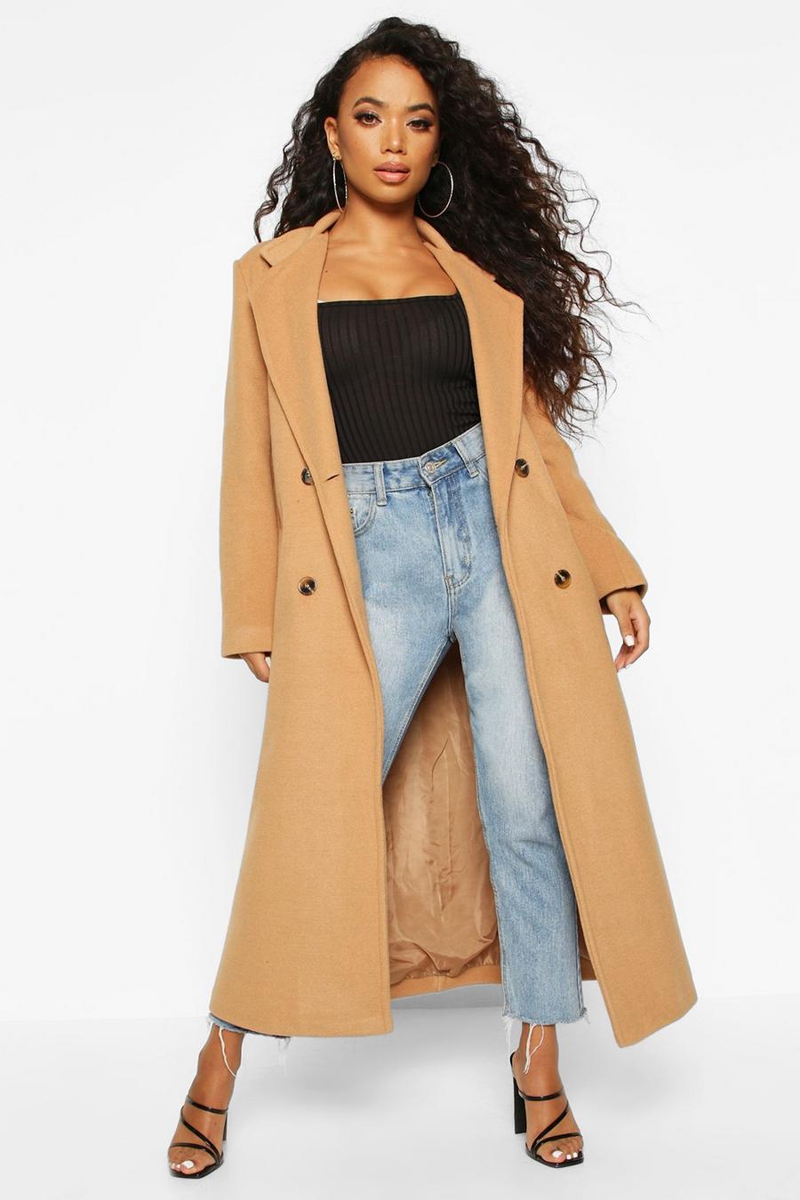 Camel Petite Belted Double Breasted Wool Look Coat image number 1