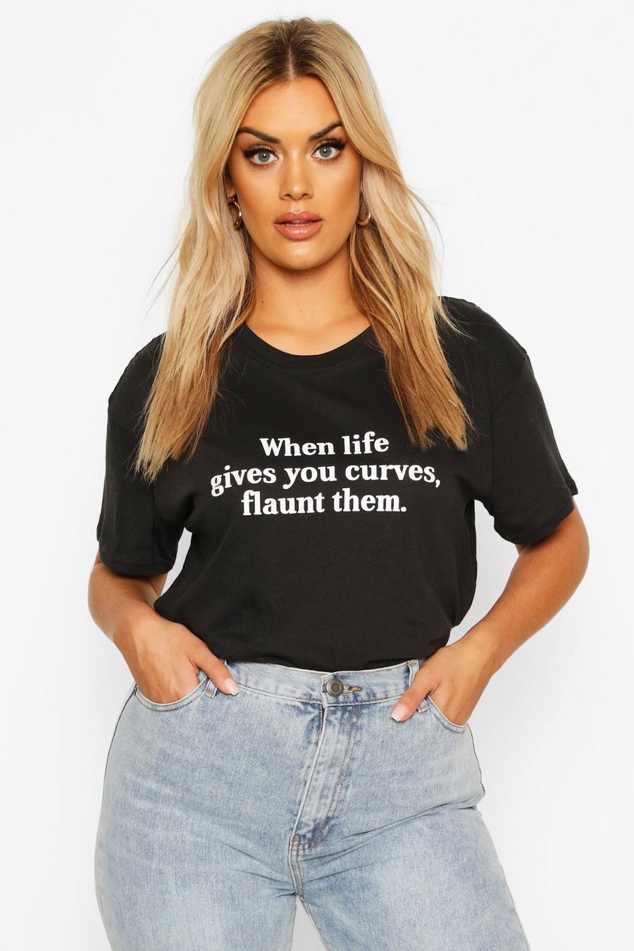 Plus - "Flaunt Curves" T-shirt med slogan image number 1