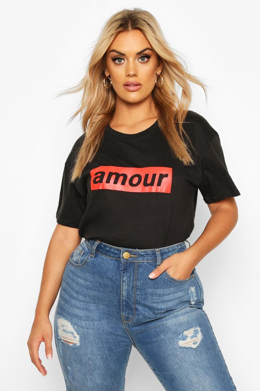 Plus T-Shirt mit „L‘amour“-Slogan image number 1