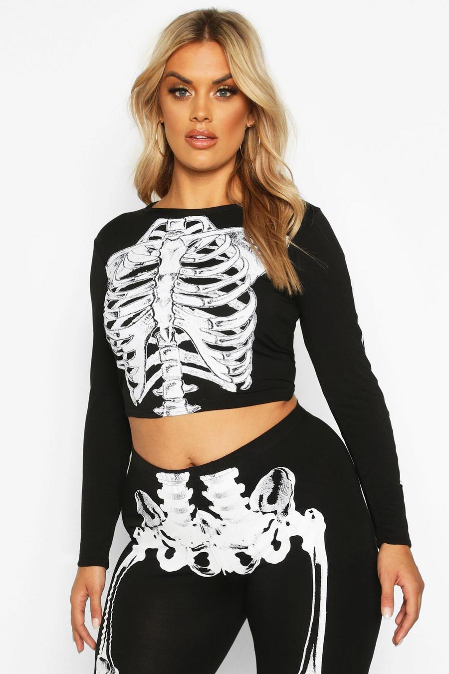 Plus Halloween Skeleton Print Long Sleeve Crop Top, Black image number 1