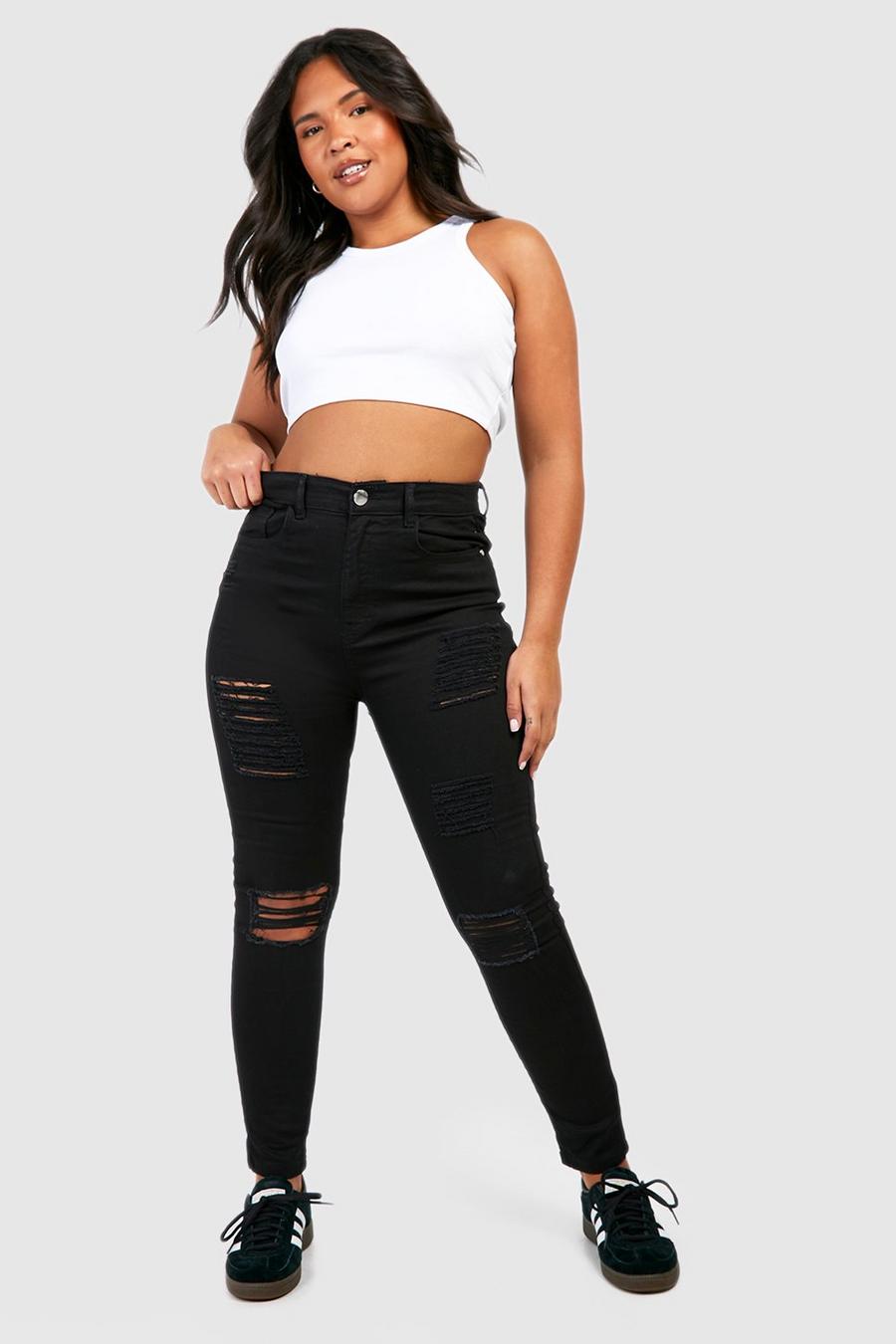 Black svart Plus - Skinny jeans med hög midja och slitna knän image number 1