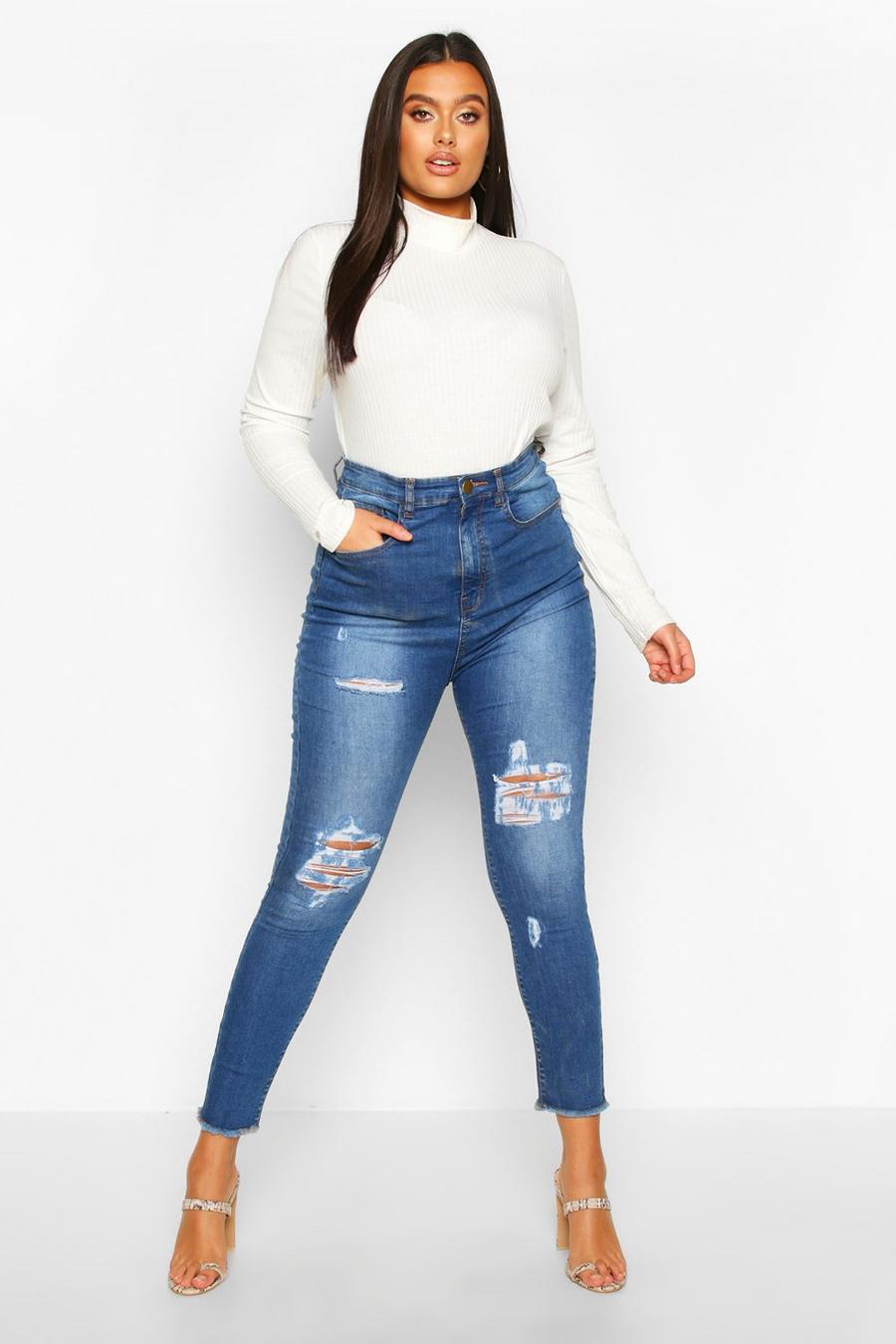 Light blue Plus - Skinny jeans med slitna detaljer och hög midja image number 1