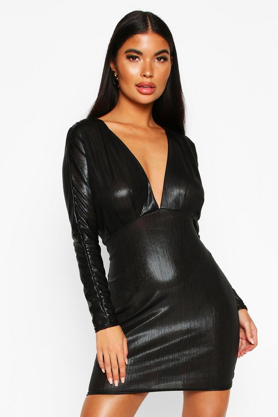 שחור שמלת מיני פליסה נוצצת עם מחשוף עמוק פטיט image number 1