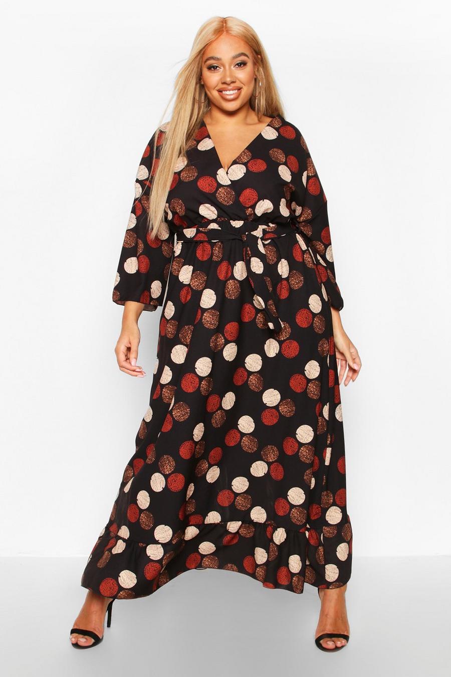Plus Spotty Wrap Front Ruffle Midaxi Dress image number 1
