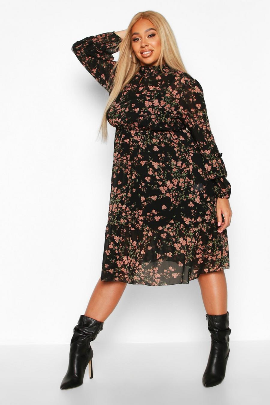 Plus Floral Ruched High Neck Midi Dress image number 1