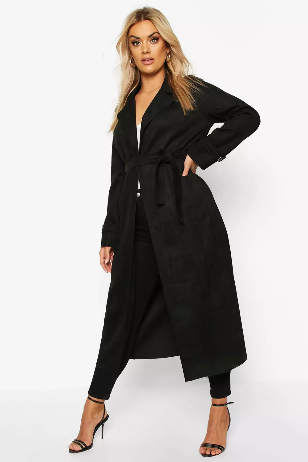 Black faux suede 2025 longline trench jacket