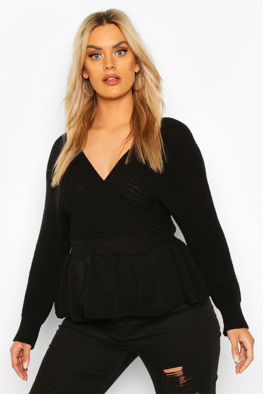 Plus Knitted Wrap Peplum Jumper image number 1