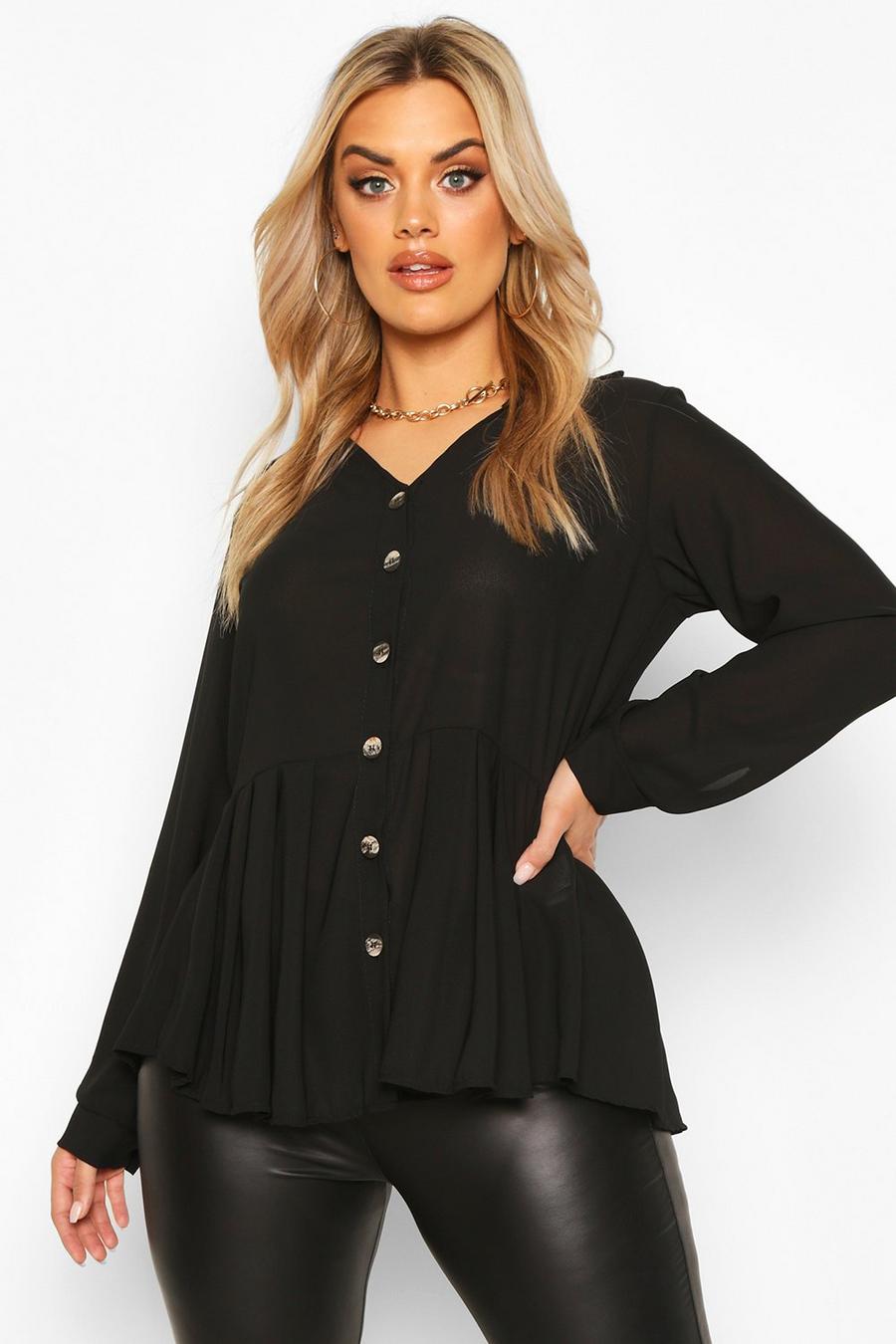 Women's Black Plus Pleated Button Detail Peplum Shirt | Boohoo UK