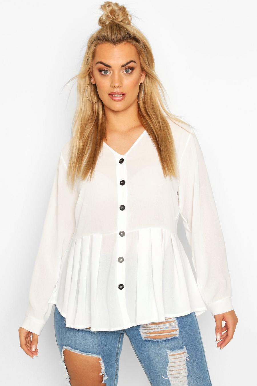 Ivory Plus Pleated Button Detail Peplum Shirt image number 1