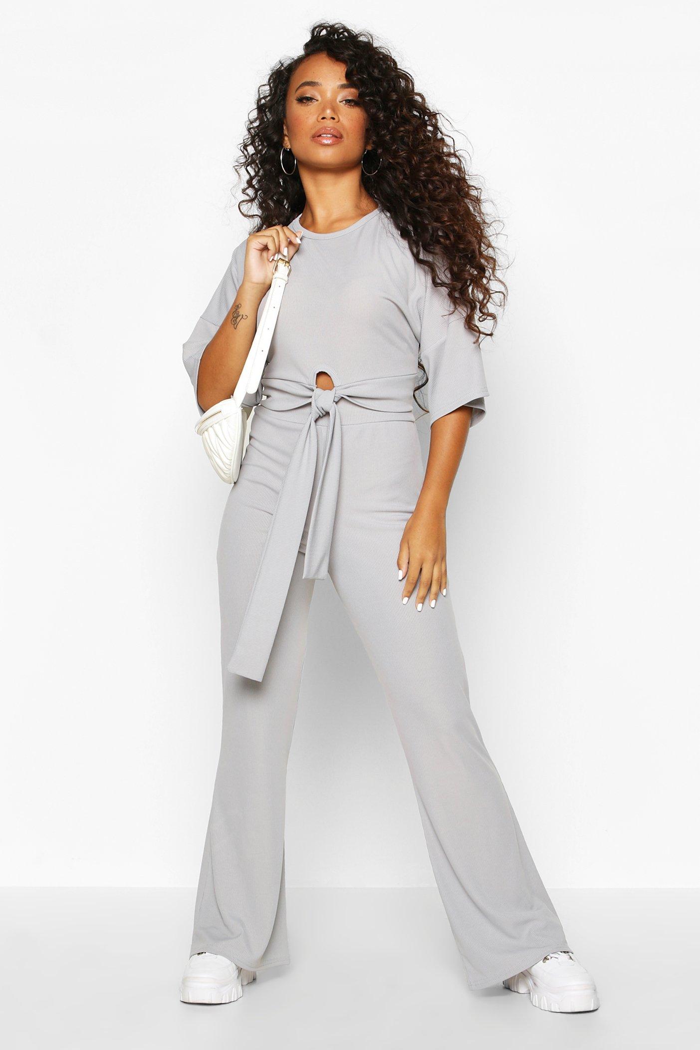 Petite Tie Front Wide Leg Loungewear Set