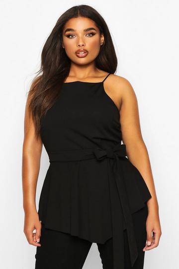 Plus Crepe Tie Front Asymmetric Top black