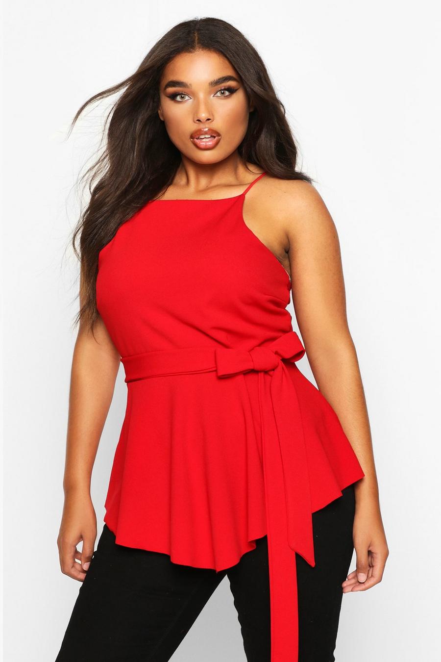 Red Plus Crepe Tie Front Asymmetric Top image number 1