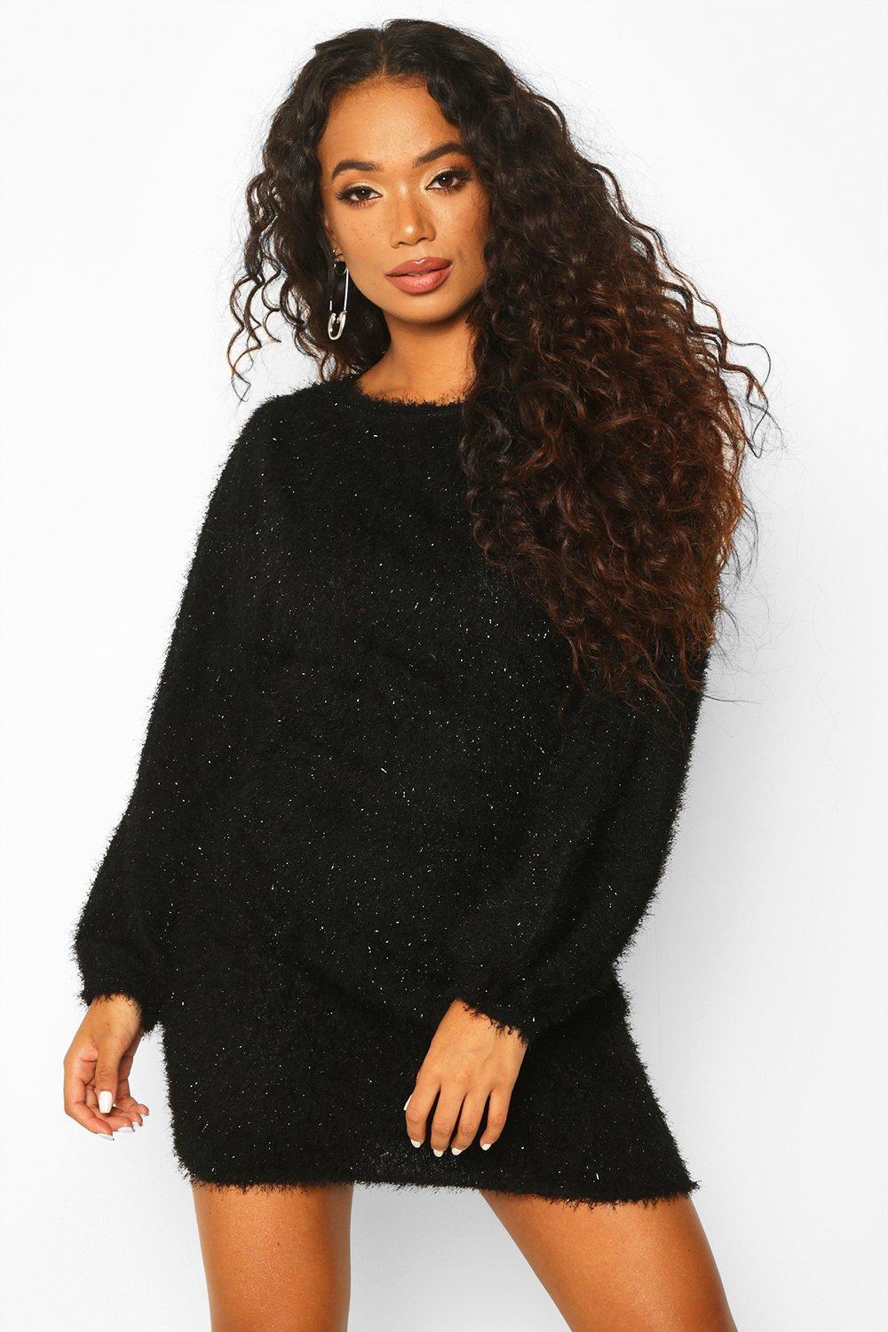 Petite Fluffy Sparkle Knit Sweater Dress