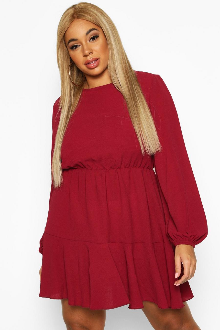 Berry Plus Long Sleeved Tiered Woven Smock Dress image number 1