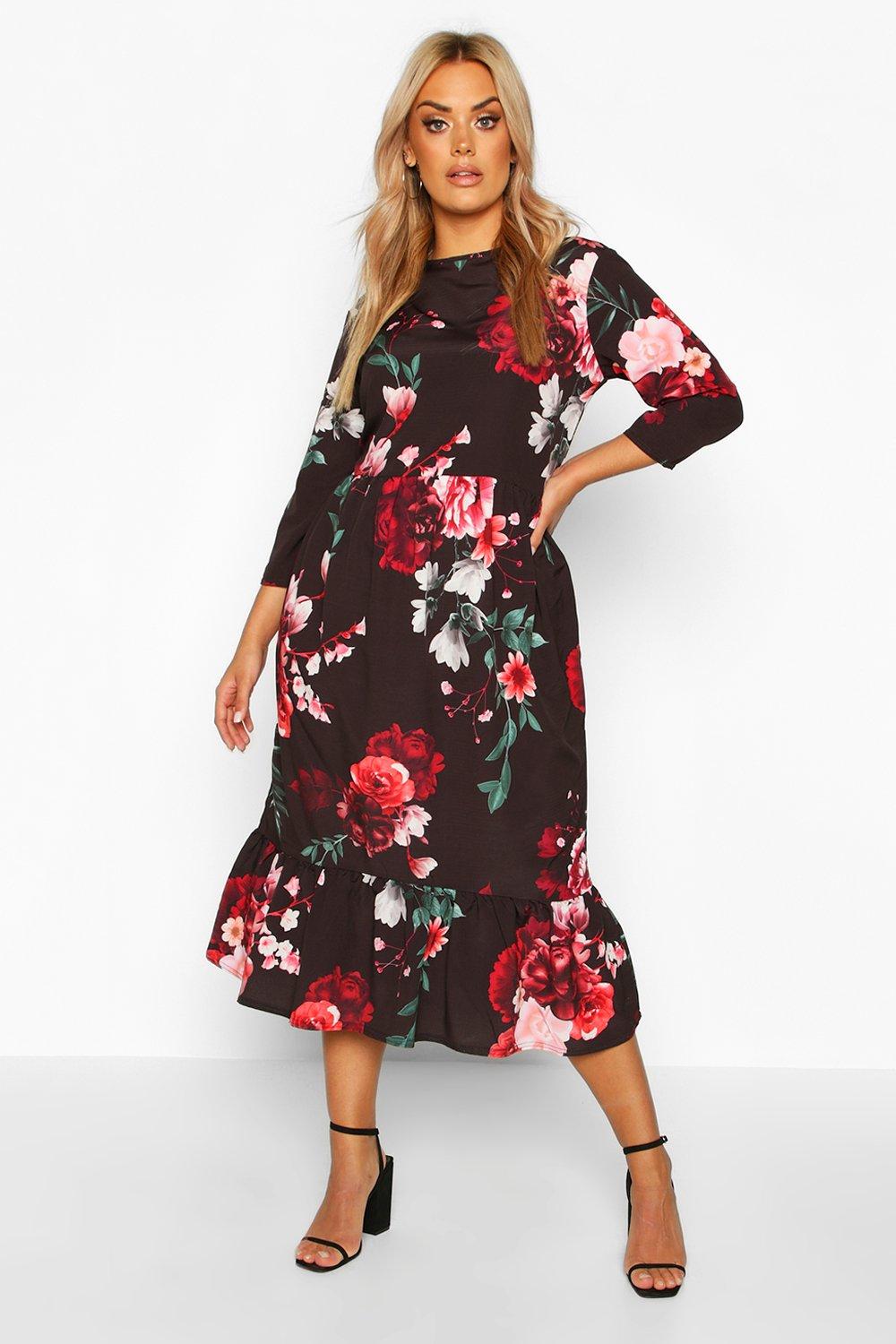 Plus Floral Ruffle Hem Midi Dress | boohoo