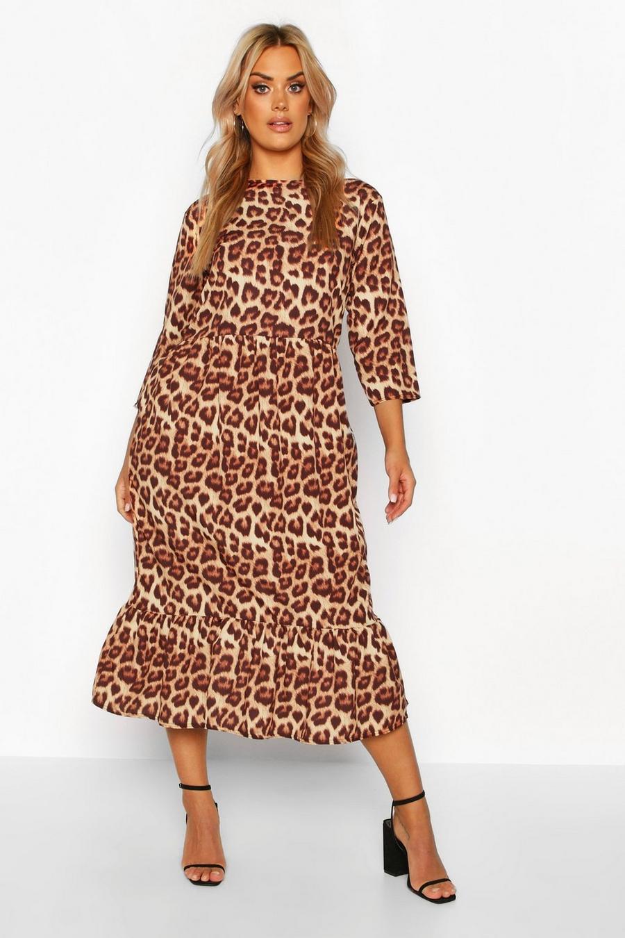 Brown Plus Leopard Ruffle Hem Midi Dress image number 1
